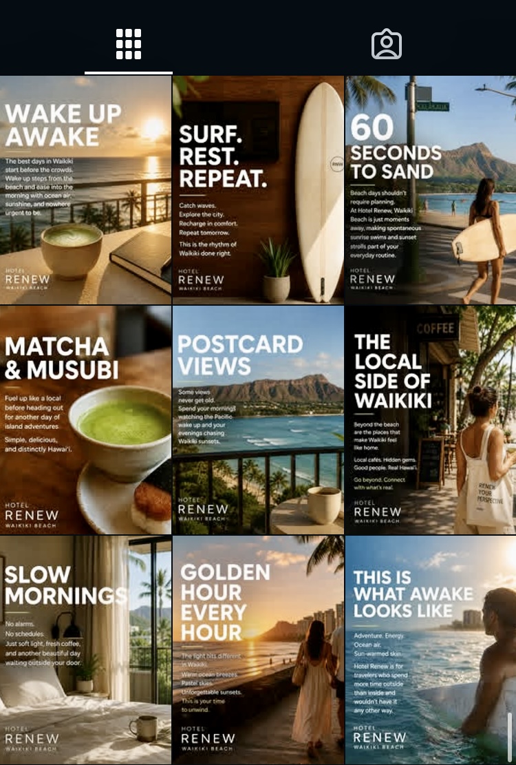 Nine-square Instagram grid for Hotel Renew Waikiki Beach — matcha mornings, postcard views, surfboards and golden-hour beach walks with bold headline tiles like Wake Up Awake, Matcha & Musubi and Slow Mornings