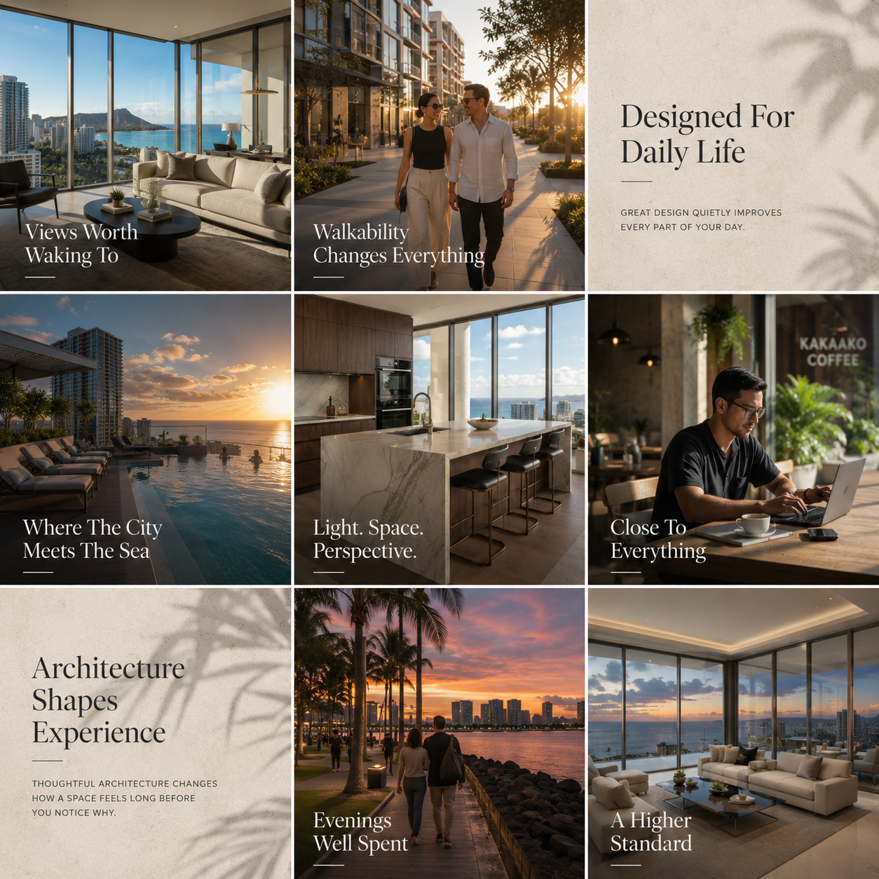 Nine-square Instagram grid for a Kakaʻako Honolulu realtor — warm oat-cream and sunset photography of views, walkability and daily life with captions like Views Worth Waking To and Evenings Well Spent