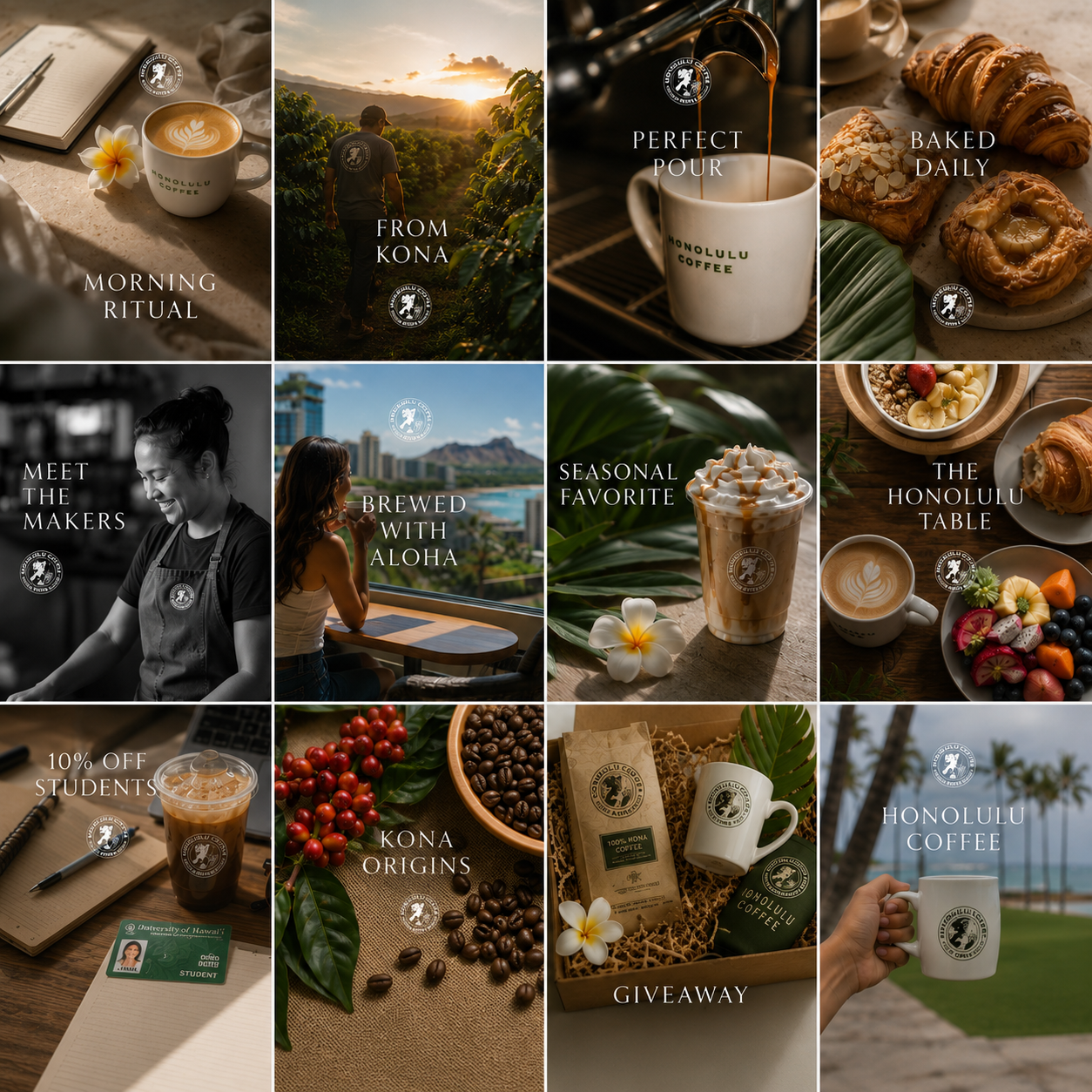 Twelve-tile Instagram grid for Honolulu Coffee — latte art, Kona coffee farm harvests, pastries, barista portraits and giveaway posts with elegant headline tiles like Morning Ritual, From Kona, Perfect Pour, Baked Daily and Brewed with Aloha