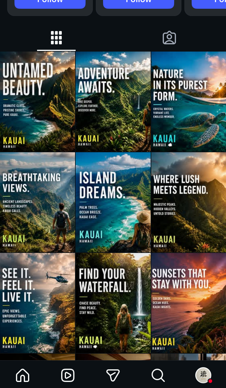 Nine-square Instagram grid for Kauai, Hawaii tourism — lush cliffs, waterfalls, sea turtles and golden sunsets with bold headline tiles like Untamed Beauty, Adventure Awaits and Sunsets That Stay With You