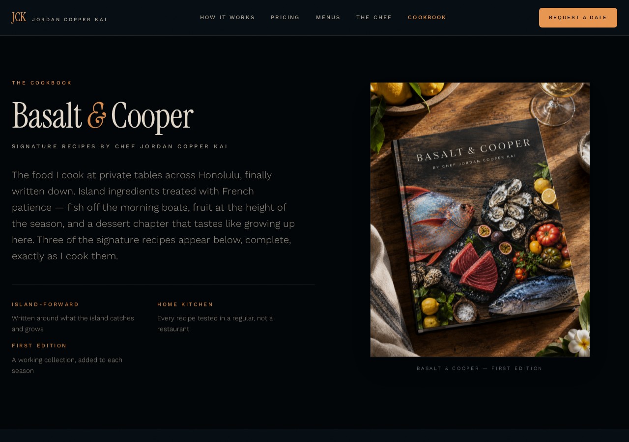 Basalt & Cooper cookbook page — signature recipes by chef Jordan Copper Kai