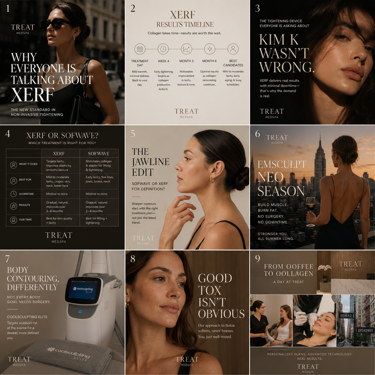 Nine-square Instagram grid for TREAT Medspa — soft taupe and cream tiles educating on XERF: why everyone is talking about it, the results timeline, Kim K wasn't wrong, XERF vs Sofwave comparison table, the jawline edit, Emsculpt Neo season, body contouring with CoolSculpting Elite, natural-looking Tox and a day at TREAT