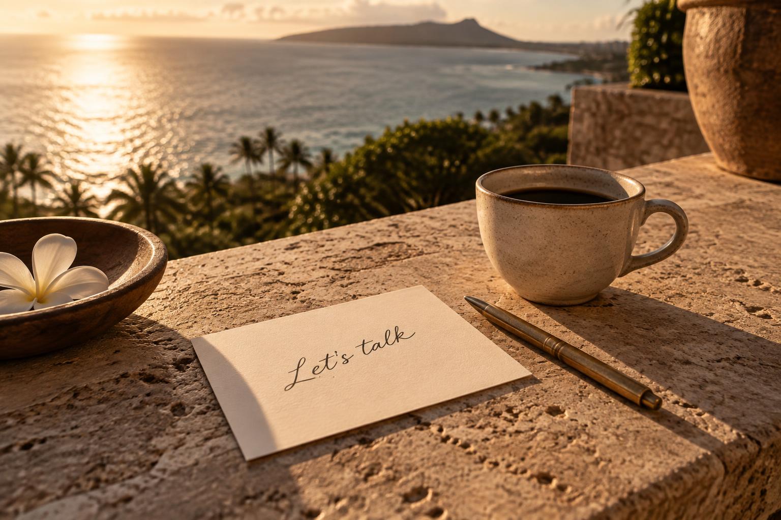 Handwritten note reading “Let's talk” on a sunlit stone terrace above Kailua Bay at golden hour