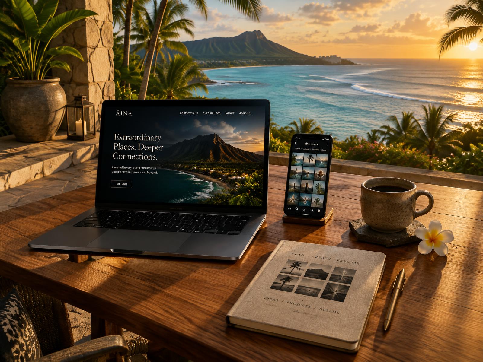 Teak desk on a golden-hour lanai overlooking turquoise Kailua Bay, with a laptop showing a website design, a phone showing a social grid, and a content notebook