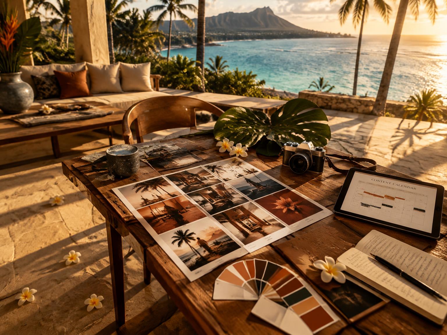 Teak lanai table at golden hour with a printed 3×3 grid, colour swatches, film camera and content calendar on a tablet, turquoise Kailua bay and palms beyond