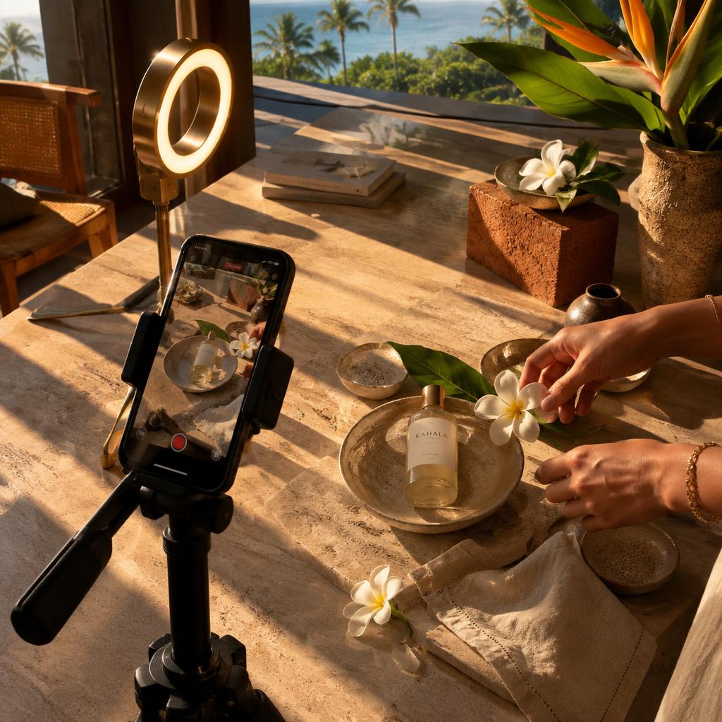 Hands styling a product flat-lay with plumeria and ceramics while a phone on a tripod records it for a reel, golden hour light