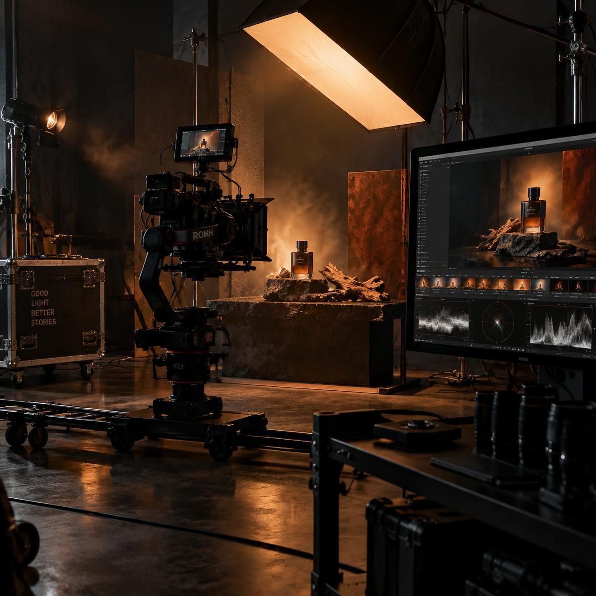 Dark video studio with a camera on a gimbal filming a lit product scene beside an editing monitor