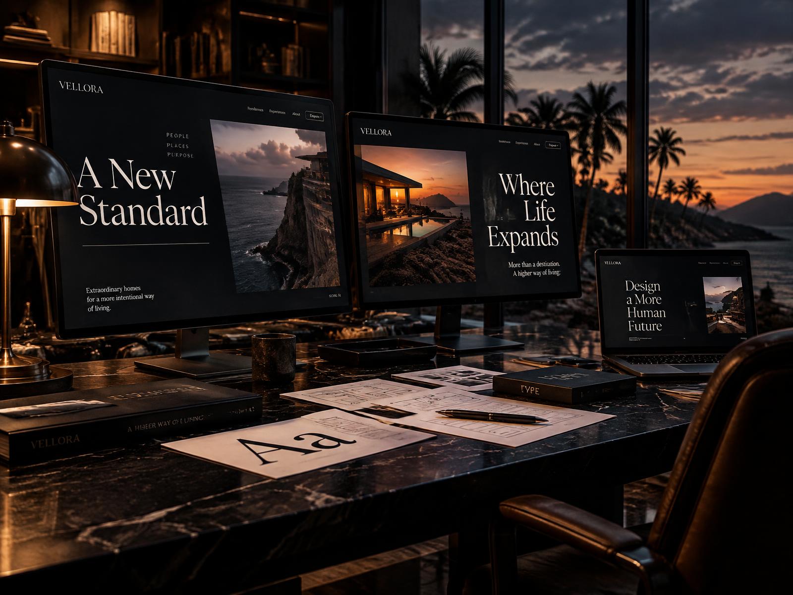 Black marble desk at dusk with two monitors and a laptop showing bold luxury website designs, palms silhouetted outside